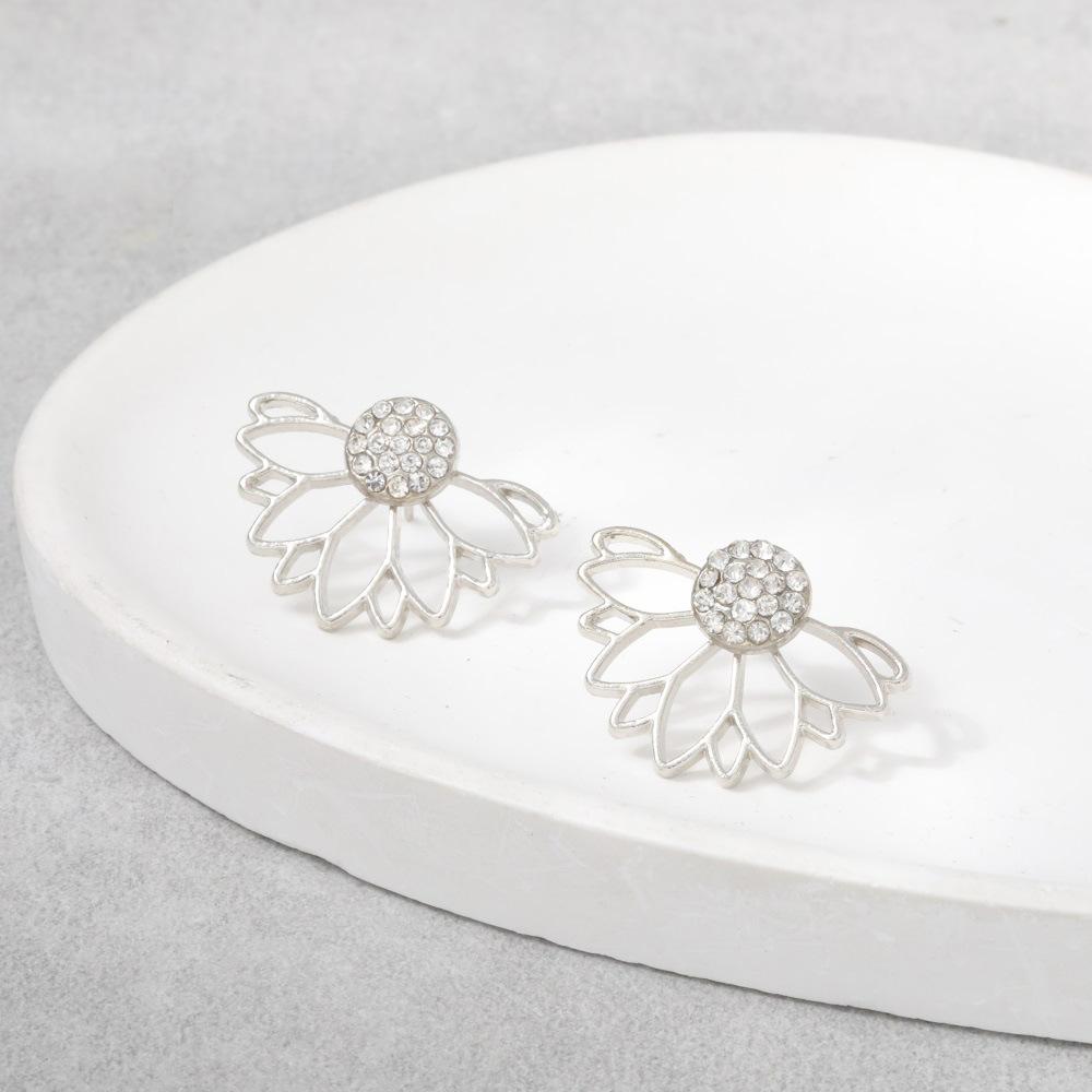 New Creative Hollow Lotus-shaped Flower Full Crystal Double Side Back Post Hanging Stud Earrings for Women Jewelry