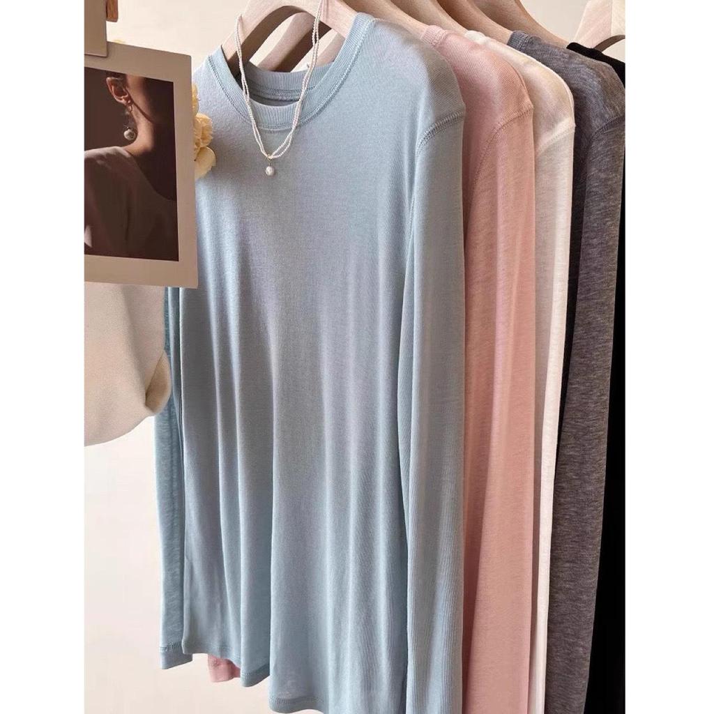 Women's 2023 Soft Wool & Tencel Long-Sleeve Round Neck Solid Color Mask T-Shirt