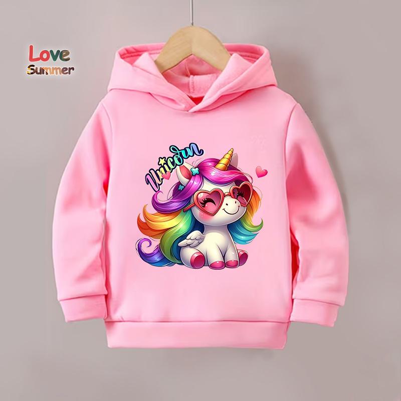 Girls Autumn/Winter 2Piece Set Cute Unicorn Print Hooded Sweatshirt Pants Warm Casual Stylish Active Play Perfect for Outdoor