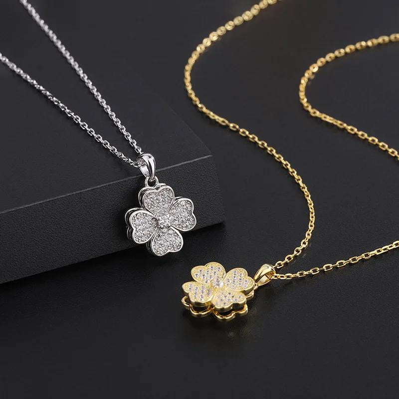 Lucky Fortune Amulet Four Leaf Clover Pendant Necklace 360° Rotation Zircon Decompression Accessories Jewelry Gift for Women