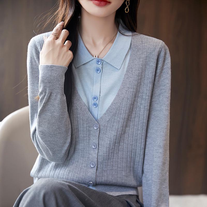 Women's Fine Wool Faux Two-Piece Knit Cardigan with Lapel Collar, Long Sleeves, and Inner Base Layer.