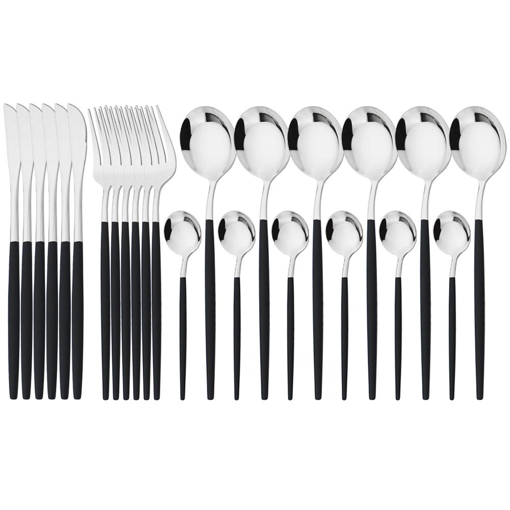 24pcs Blue Silver Dinnerware Set Dinner Knife Fork Tea Spoon Cutlery Set Stainless Steel Tableware Western Home Kitchen Flatware