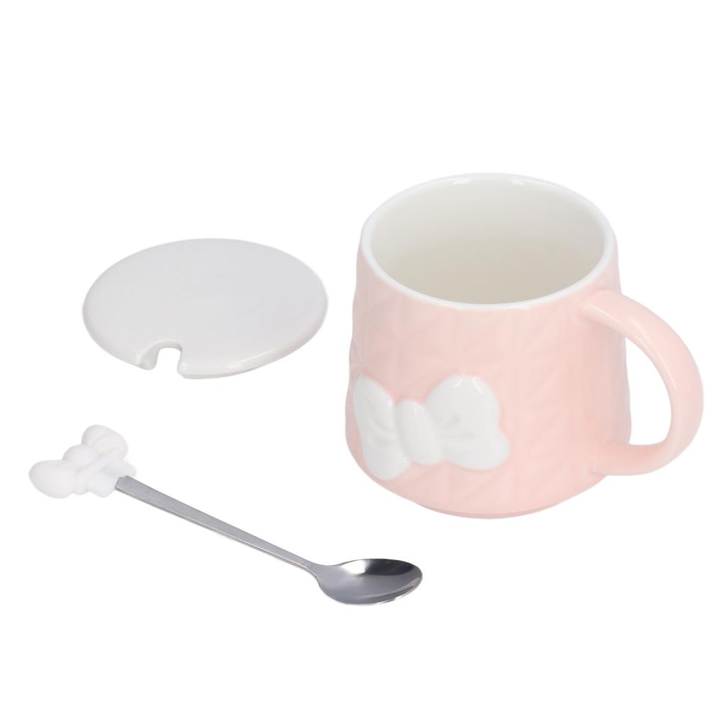 400ml Cute Bowknot Ceramic Tea Milk Water Cup Coffee Mug with Lid Stainless Steel Spoon for Home Holiday Gifts