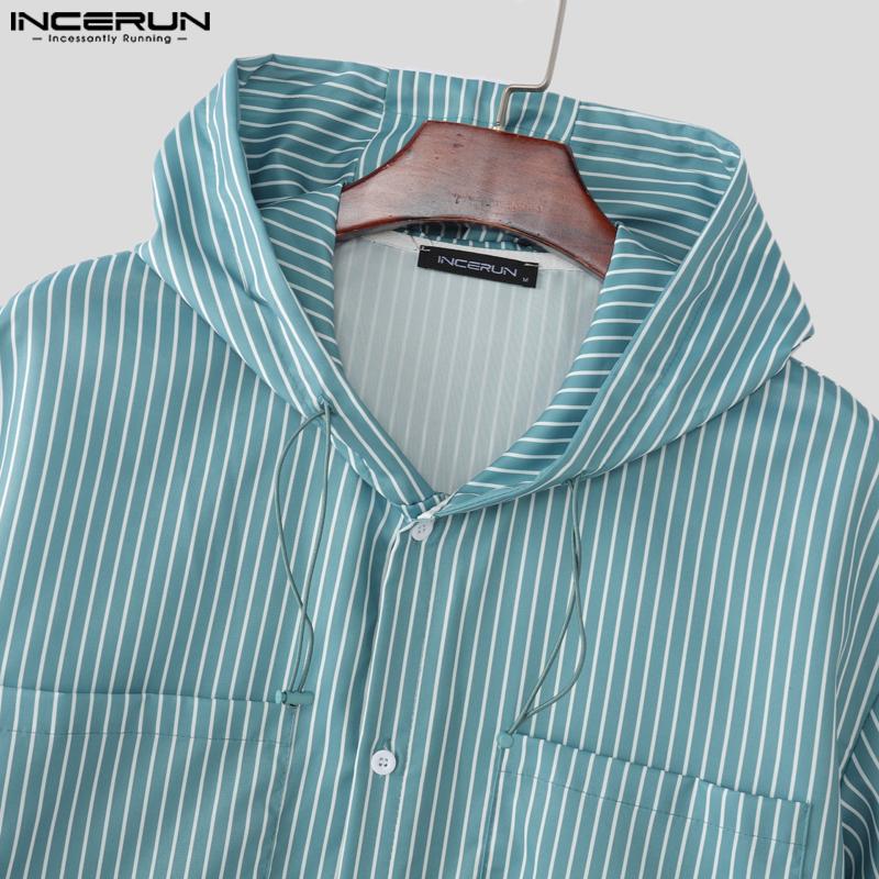 INCERUN Two Piece Sets Men Short Sleeve Striped Hooded Shirts Shorts Outfits