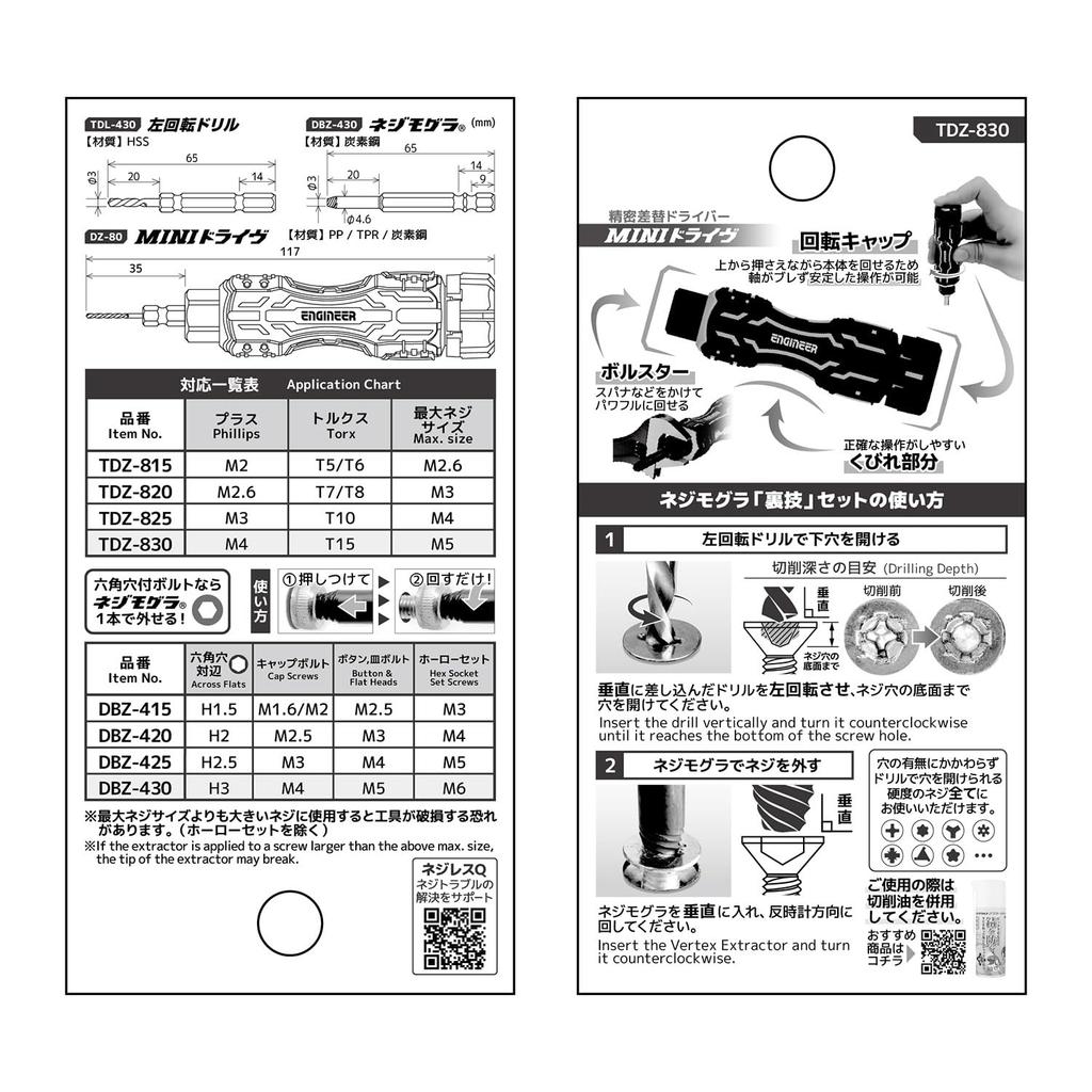 Engineer MINI Drive & Screw Mole "Trick" Set, for stripped and stripped screws, compatible with screw head diameters from 7 to 9.5 mm, TDZ-830