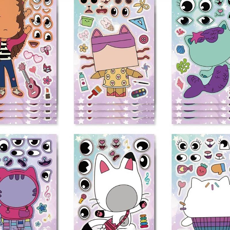 6Sheets Gabby'S Dollhouse Make A Face Puzzle Stickers Cartoon Parent-Child Interactive Puzzle Ledger Diy Face Stickers