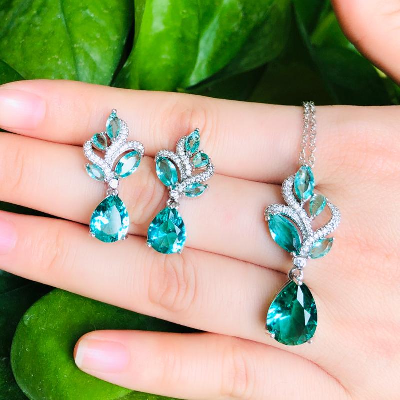 Chic Bright Blue Waterdrop CZ Cubic Zircon Crystal Leaf Pendant Necklace and Earrings Ladies Jewelry Set Fashion Korean Style