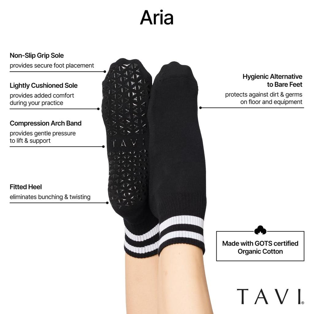 TAVI Aria Grip for and Crew Size M for Men and Women Socks, Non-Slip, Yoga, Pilates, Ballet, Athletic, Length, Ebony,