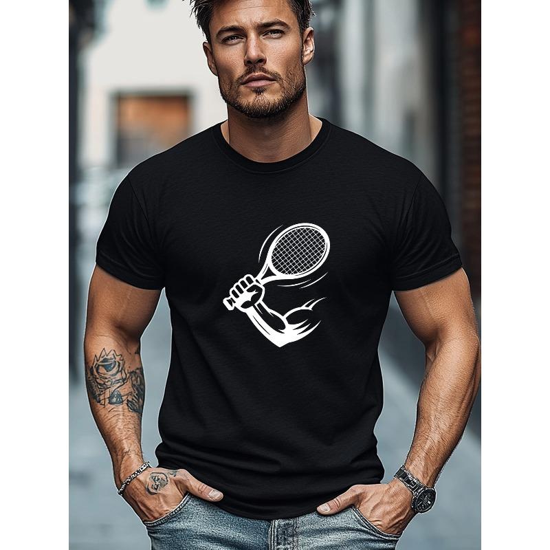 European Size Men'S T-Shirt, Easy And Clean, Minimalist Fashion, Men'S Hand-Held Tennis Racket Summer Casual Round Neck Short Sleeve T-Shirt