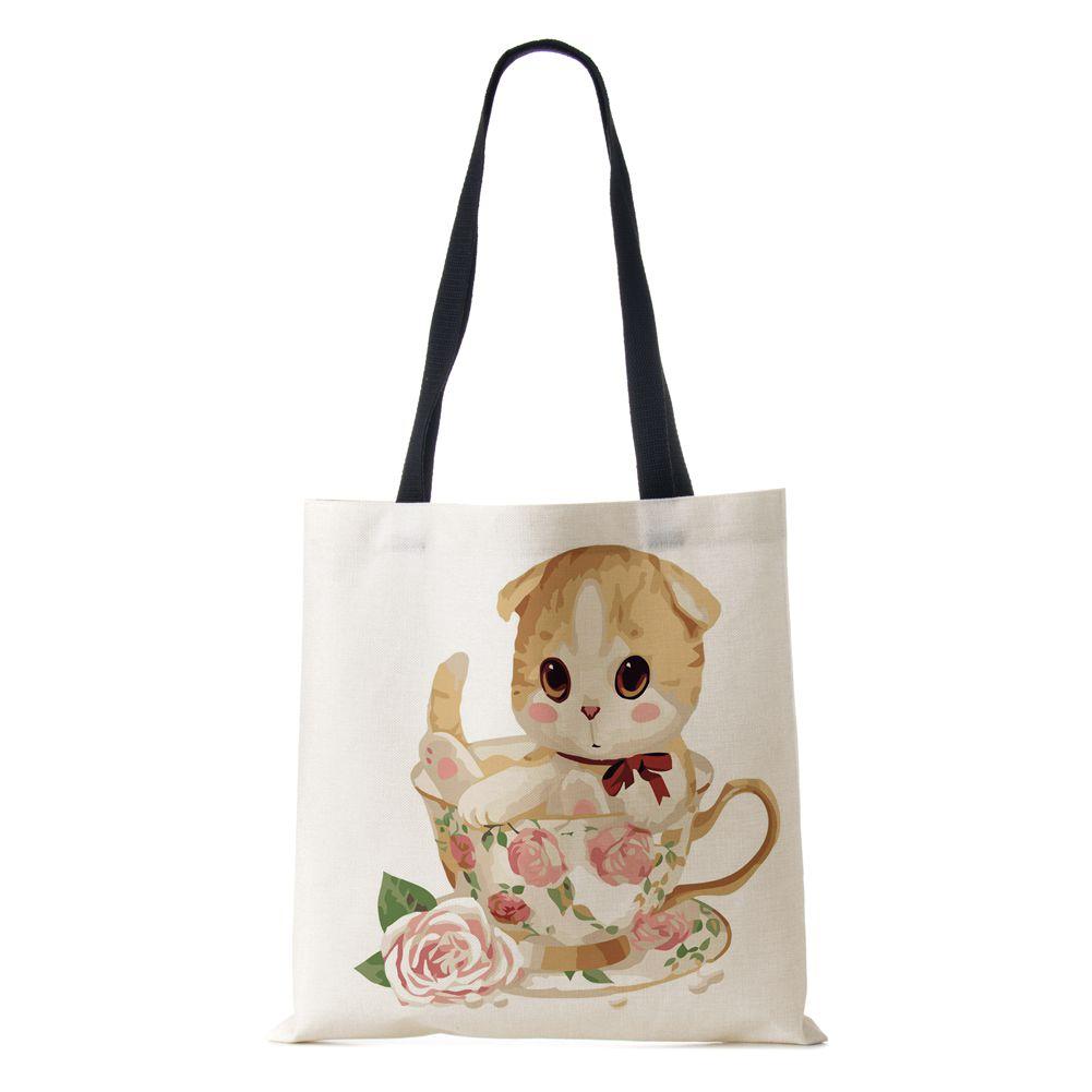 

Женская сумка через плечо с собакой и кошкой, холщовая повседневная сумка для путешествий, 2022, винтажная большая вместительная сумка с эко-принтом, большая вместительная сумка для книг