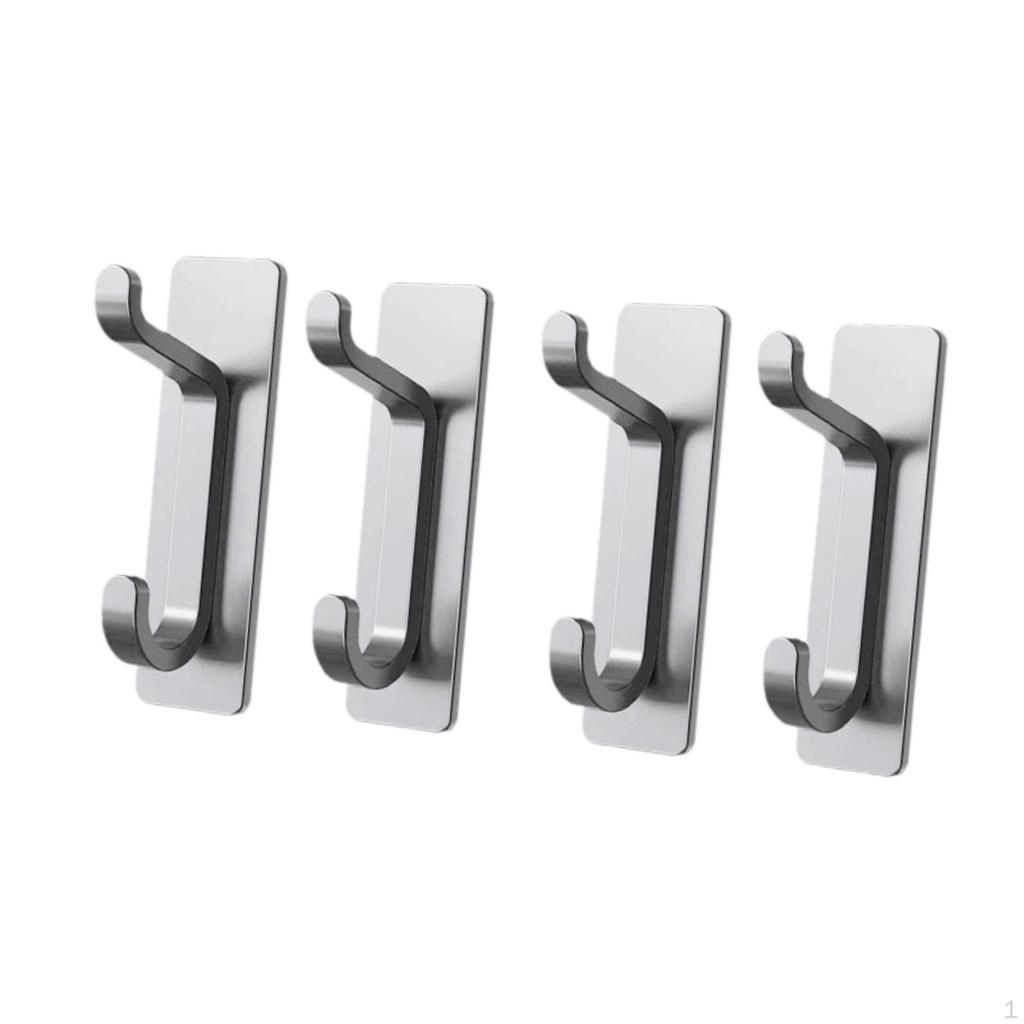 4 Hooks for Clothes, Self- Stainless Steel Waterproof Door Towel, Coat, Hat, Handbag,