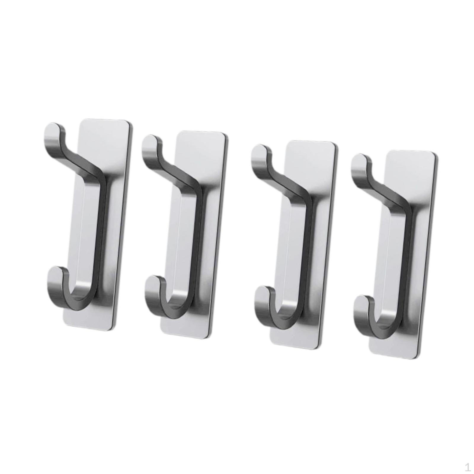 4 Hooks for Clothes, Self- Stainless Steel Waterproof Door Towel, Coat, Hat, Handbag, Argent