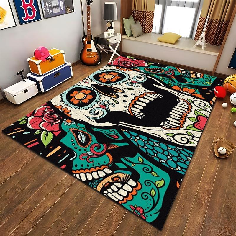 Colorful Sugar Skull Pattern Area Rug with Floral Artistic Design Suitable for use as an anti-slip for living room bedroom sofas