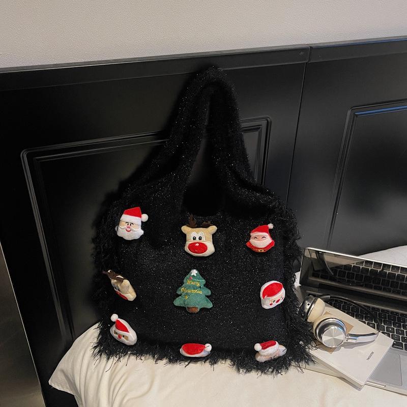 Korean Style Cute Cartoon Winter Yarn Shoulder Bag with Tassels - Versatile Large Capacity Tote