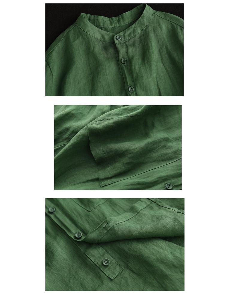 Damen Retro Baumwoll-Leinen Hemd, Frühling/Sommer 2024: Locker, Bauchbedeckend, Dreiviertelärmel, Dünnes Oberteil