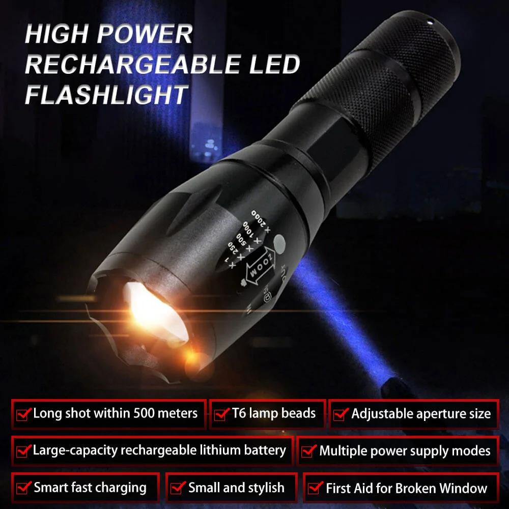 T6 Strong Light Flashlight LED Aluminum Alloy Telescopic Zoom Battery Version Outdoor Searchlight Remote Flashlight