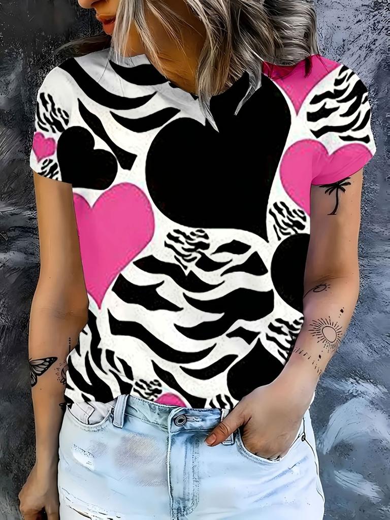 Summer Fashion Leopard Heart 3D Print T-Shirts Women's Round Neck Short Sleeve T Shirt Tees Harajuku Y2K Tops Female Clothing