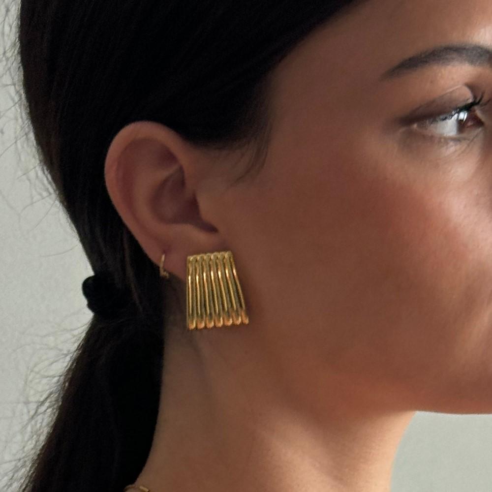 Vintage Stainless Steel Trapezoid Square Wing Geometric Stud Earrings for Women Gold Plated Striped Pleated Texture Jewelry