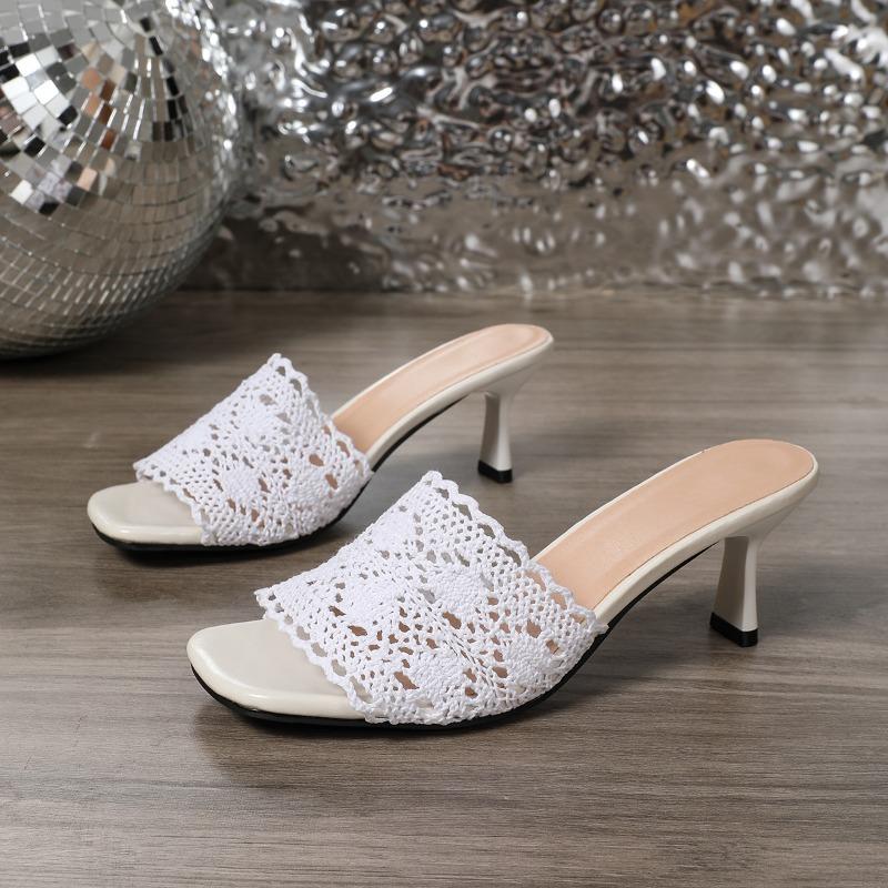 Fashion Stiletto Flip Slippers Summer Fashion for Women Outside Square Toe Open Toe Fabric Cutout Breathable Non-Slip High Heels