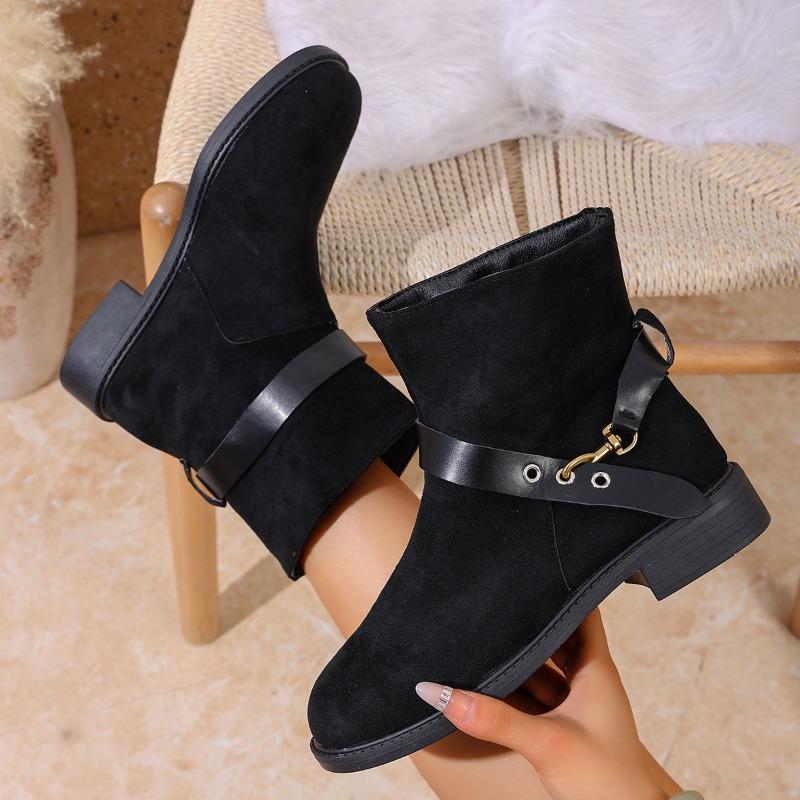 Large size autumn and winter new round head thick heel thin women's versatile soft sole buckle casual Martin boots