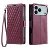 For iPhone 17 Pro Max Leather Case Rhombus Texture Wallet Stand Phone Cover with Wrist Strap
