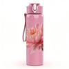 1PC Single Pink Lotus Bloom Art 750ml Color Plastic Sports Water Bottle Leakproof Flip Straw Lid For Sports Office Home Use