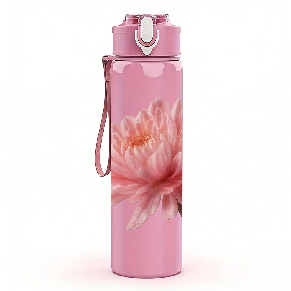 1PC Single Pink Lotus Bloom Art 750ml Color Plastic Sports Water Bottle Leakproof Flip Straw Lid For Sports Office Home Use