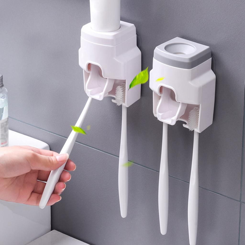 Automatic Toothpaste Dispenser with 2 Toothbrush Holder Slots Set Hands Wall Mounted Toothpaste Squeezer Dispenser for Family Bathroom Sink