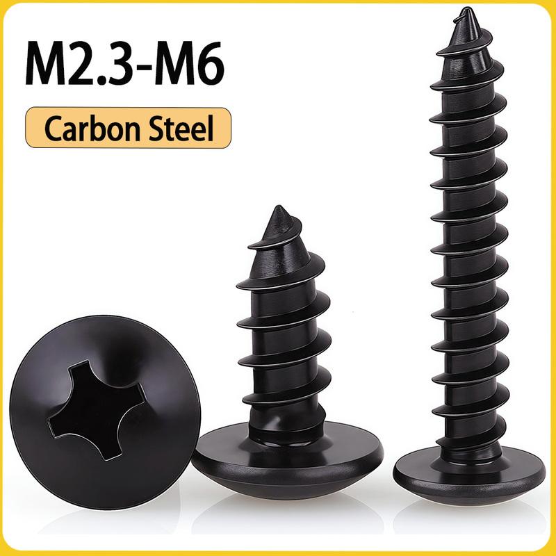 20-200pcs Black Carbon Steel Phillips Truss Head Screw M2.3 M2.6 M3 M3.5 M4 M5 M6 Cross Recessed Flat Head Self-Tapping Screws