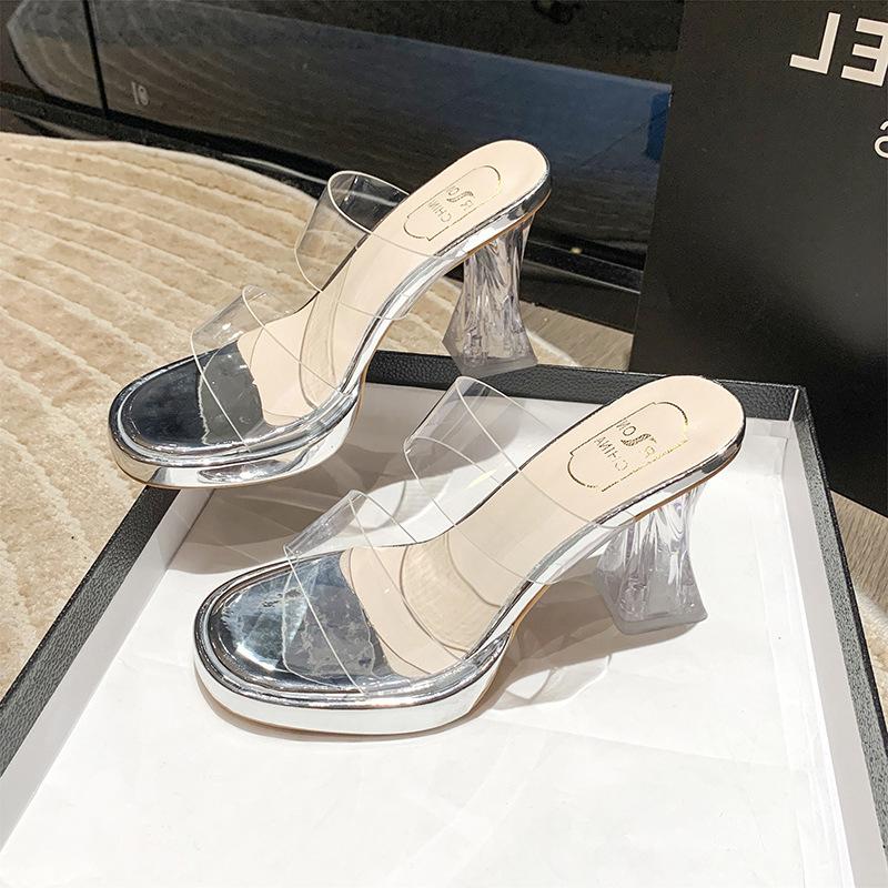 

Прозрачный ремень с квадратным корнем, туфли на высоком каблуке, женские, весна и лето, новый темперамент, модные, хрустальные и сандалии с перемычкой 39 серебряный