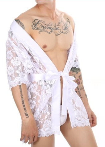 Short Dressing Gown Lace Night Lace White - NoGenderWear - Sexy Men's Lingerie