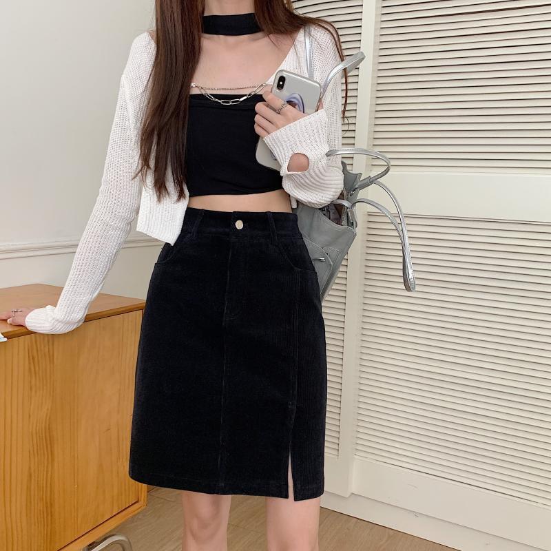 Corduroy Midi Skirt for Women In Autumn and Winter Long and Mid Length Split A-line Skirt, Plus Size, Fat, Hip Hugging, Short Skirt