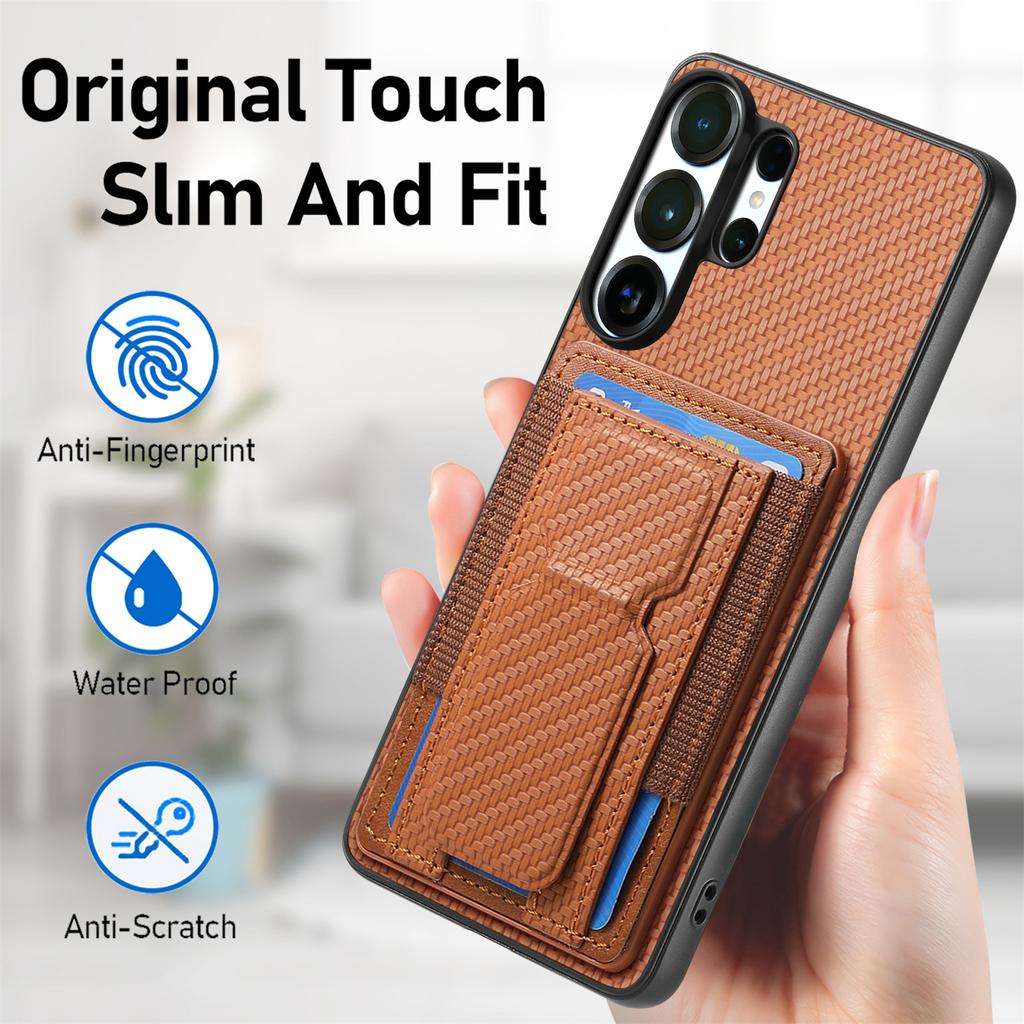 Luxury Carbon Fiber Pattern Vertical Card Solt Holder Wallet Leather Case For Samsung S25 Ultra S24 Plus S23 A17 A07 Stand Cover