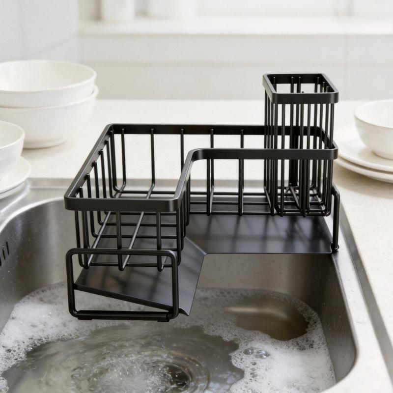 Carbon Steel Kitchen Sink Rack with Separate Storage Sections, a Water-Catching Bottom Tray and Freestanding Placement for Cleaning Supplies