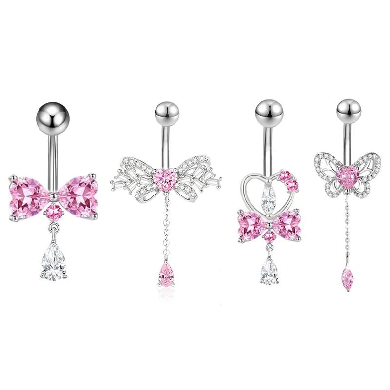 Pink Zircon Butterfly Heart Belly Button Ring For Women Stainless Steel  Flower Tassel Navel Ring Body Piercing Jewelry