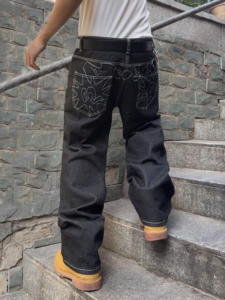 Large size American embroidered wide-leg jeans retro casual and thin loose straight floor-mopping trousers