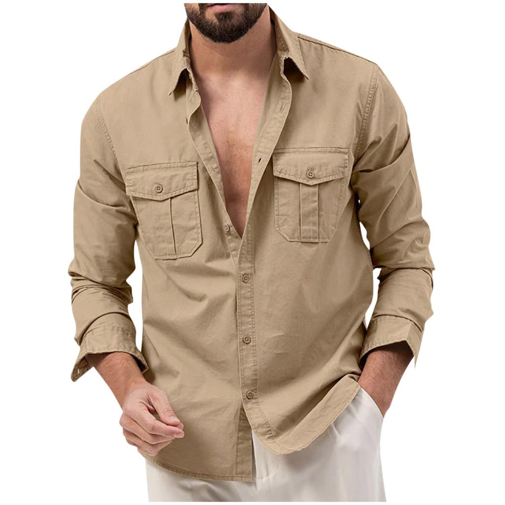 Men'S Shirt With Double Pockets, Casual Long Sleeved Top, Fashionable Cardigan
