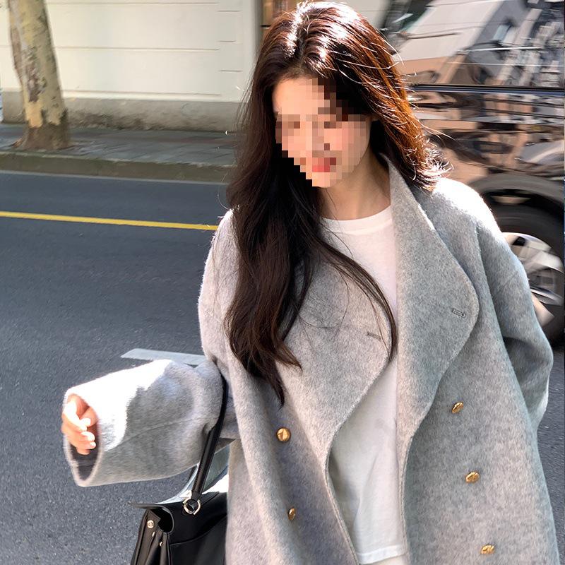 Su Jiu'er Women's 2024 Mid-Length Double-Sided Wool Coat - High-End Gray Autumn/Winter Outerwear