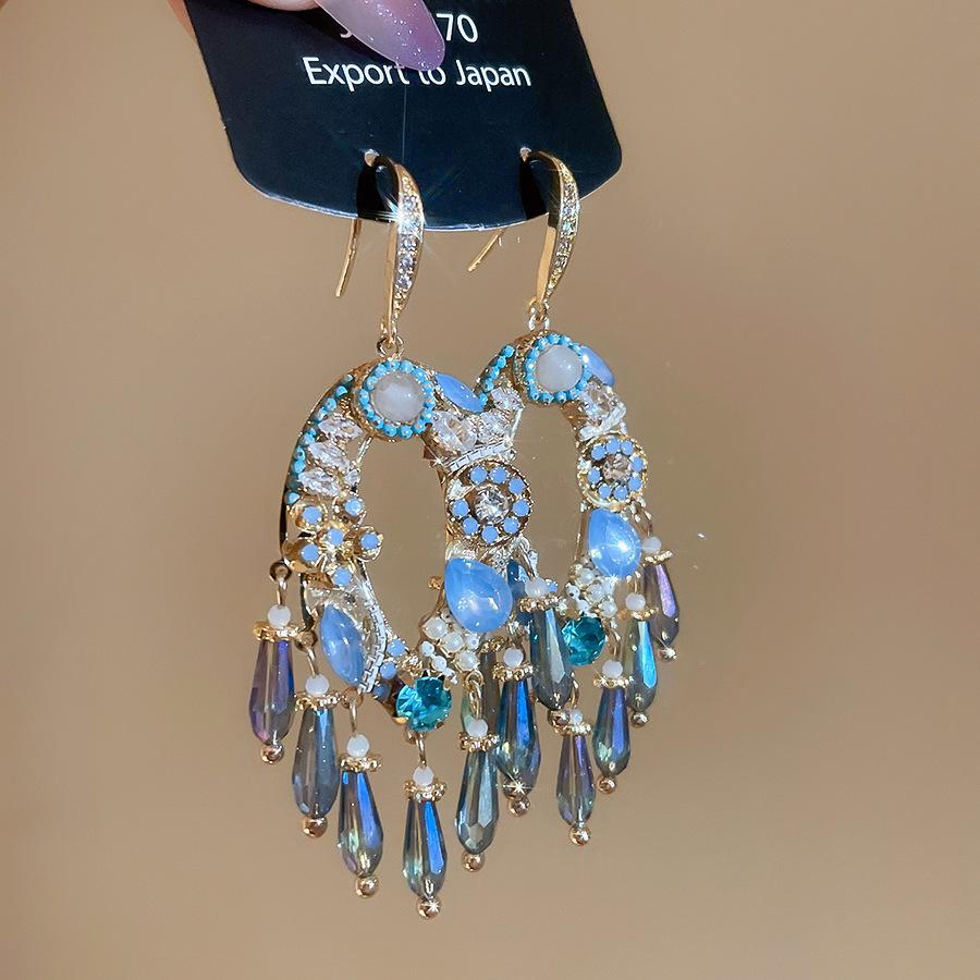 European and American geometric color flower zircon fringed earrings, stud earrings, exquisite luxury earrings, women