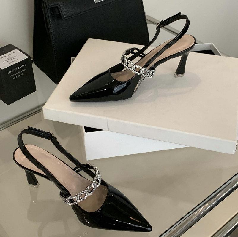 Fashion Metal Buckle Pointy Stiletto Heels Women 2025 Spring Summer Sexy Temperament Patent Leather After Trip Strap Toe Sandals Single