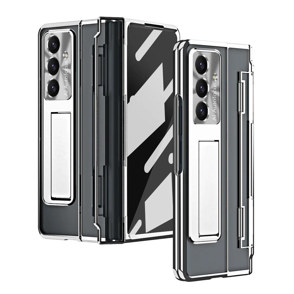 For Samsung Galaxy Z Fold 7 6Case Clear Electroplated Metal Lens Holder with Folding Hinge Tempered Film Optional Touch Pen Slot