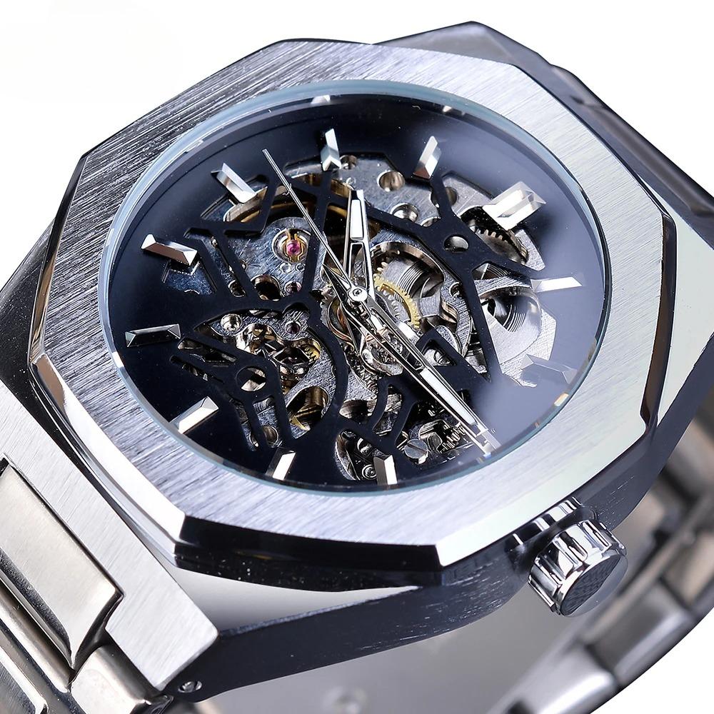 Fashion Steampunk Men s Automatic Mechanical Watch Hollow Skeleton Design Black Dial Waterproof Business Wristwatches