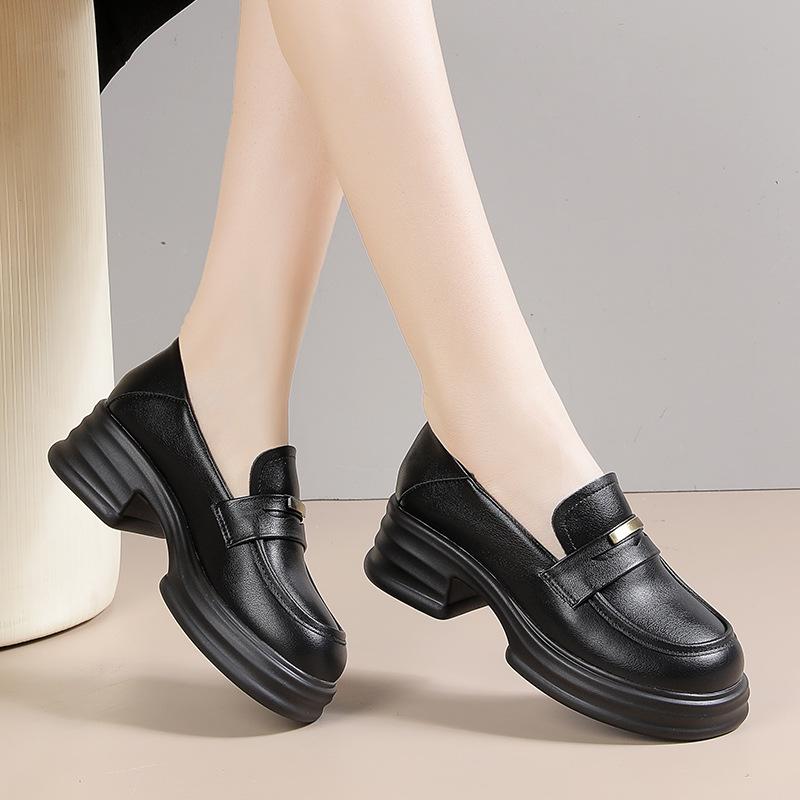 Versatile Black Work Shoes, Leather Shoes, Platform Loafers, Women's Chunky Heel Soft Sole Shoes, Spring and Autumn Women's Shoes
