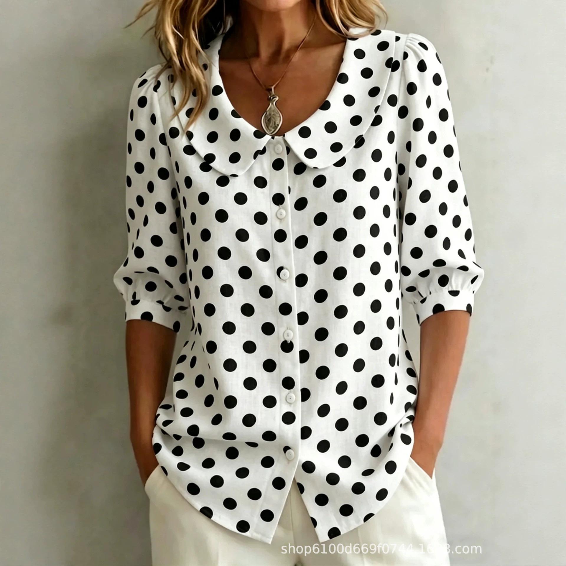 Women s Polka Dot Peter Pan Collar Puff Sleeve Blouse White Black Casual Shirt S белый