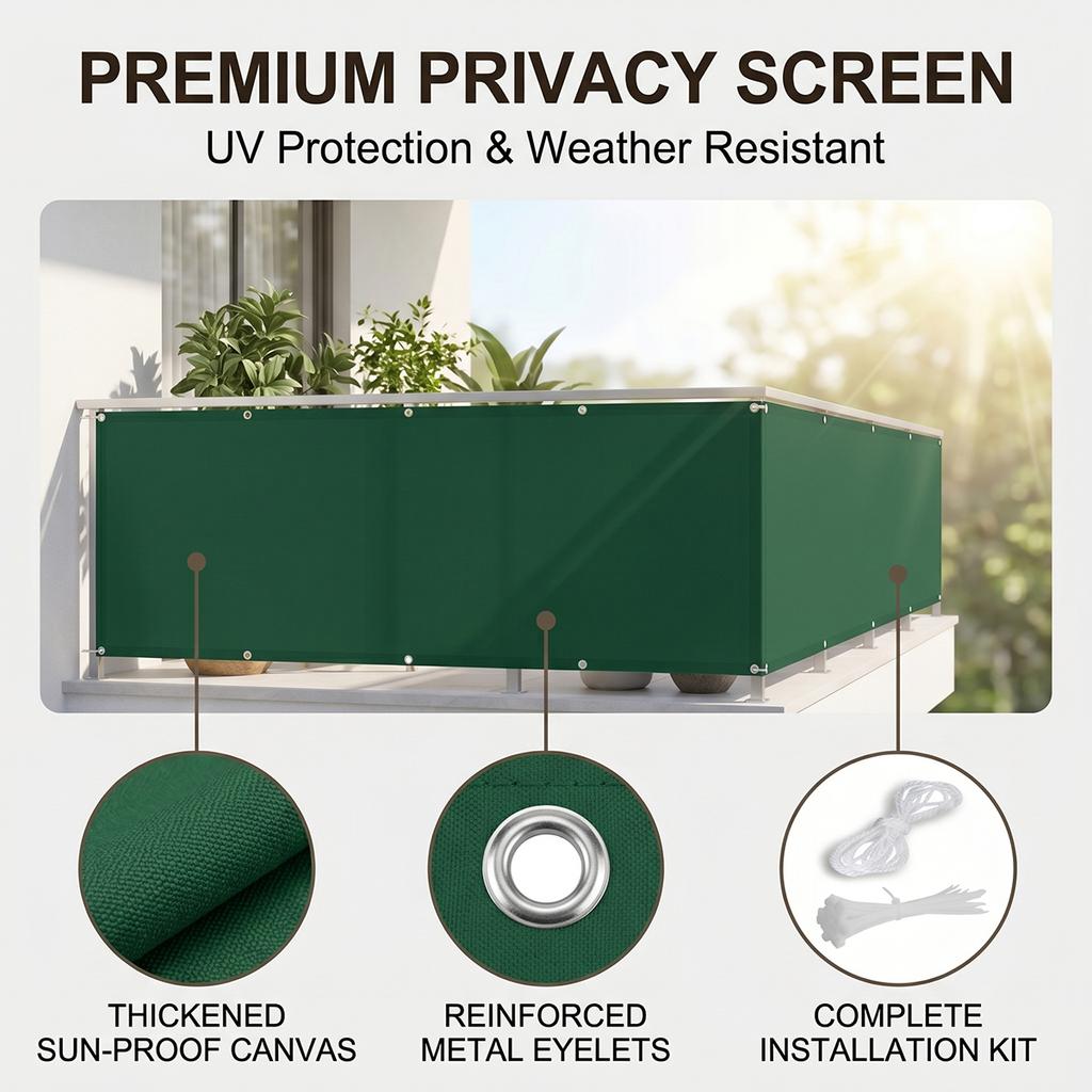 Balcony privacy screen, outdoor shade cloth, garden fence fabric, apartment railing cover, with drawstring ties—green
