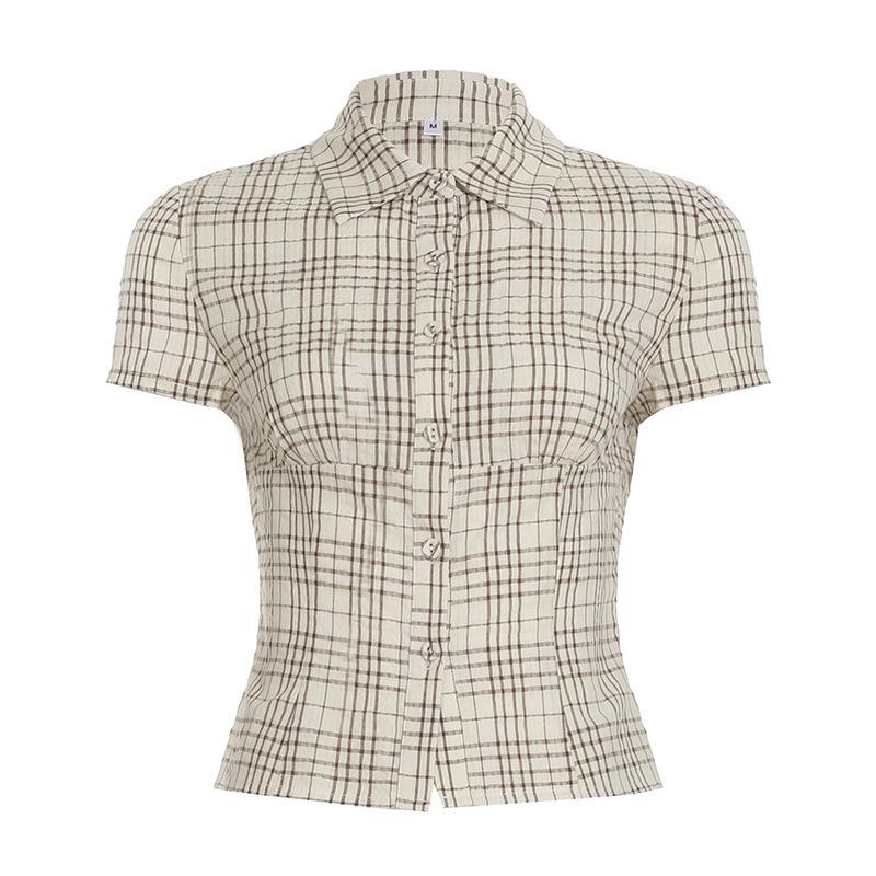 European and American college style plaid contrasting colors, waist and thin design lapel simple and versatile short-sleeved shirt and top new