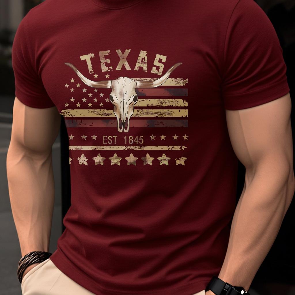 Texas Est 1845 Longhorn Skull Tshirt Unisex Vintage American Flag Print Casual Western Cowboy Style Cotton Short Sleeve Tee