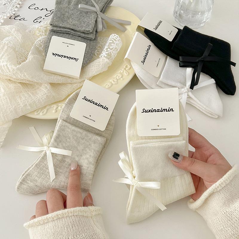 5 Pairs of Female Spring and Summer Small Fashion Design Sweet Lovely Ribbon Bow Socks