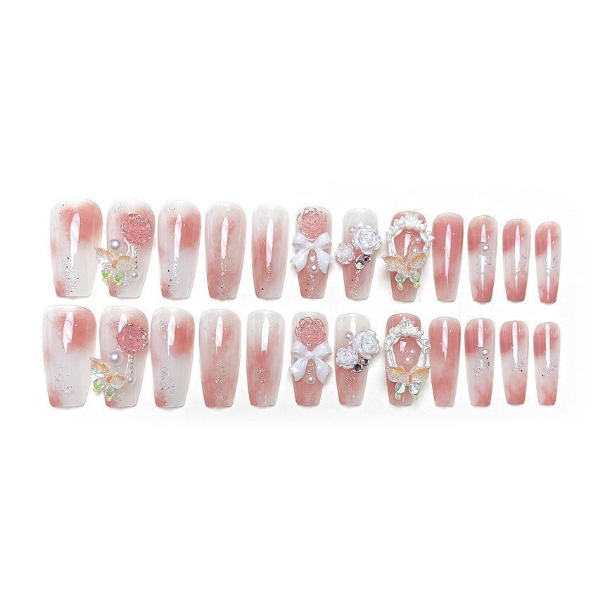 2024 New 24Pcs One Box Wearable Press On Fake Nails Butterfly Pearl Bowknot Flower Fashion Wear Nail Wedding Party Nail Patch