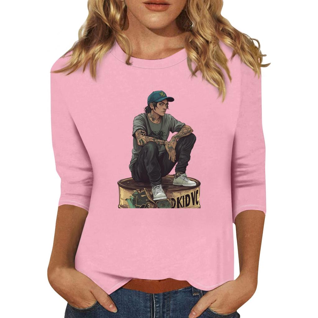 Women's Fashion Casual 3/4 Sleeve Street Print Round Neck Pullover Top